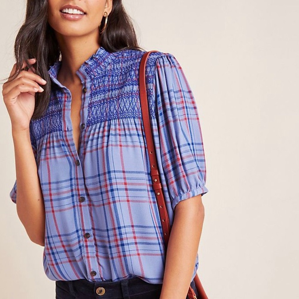 Anthropologie Maeve Lise smocked blue plaid top